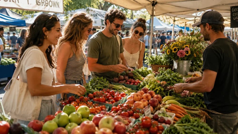 Friends shopping for produce at a farmers market